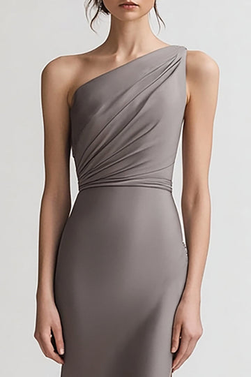 Grey Sheath One Shoulder Satin Long Formal Dress with Slit